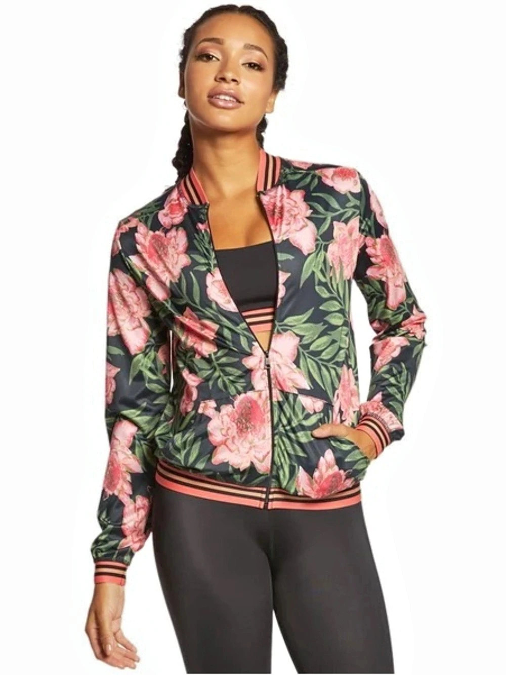 Beyond Yoga Floral Bomber Jacket in Black & Pink Like New small